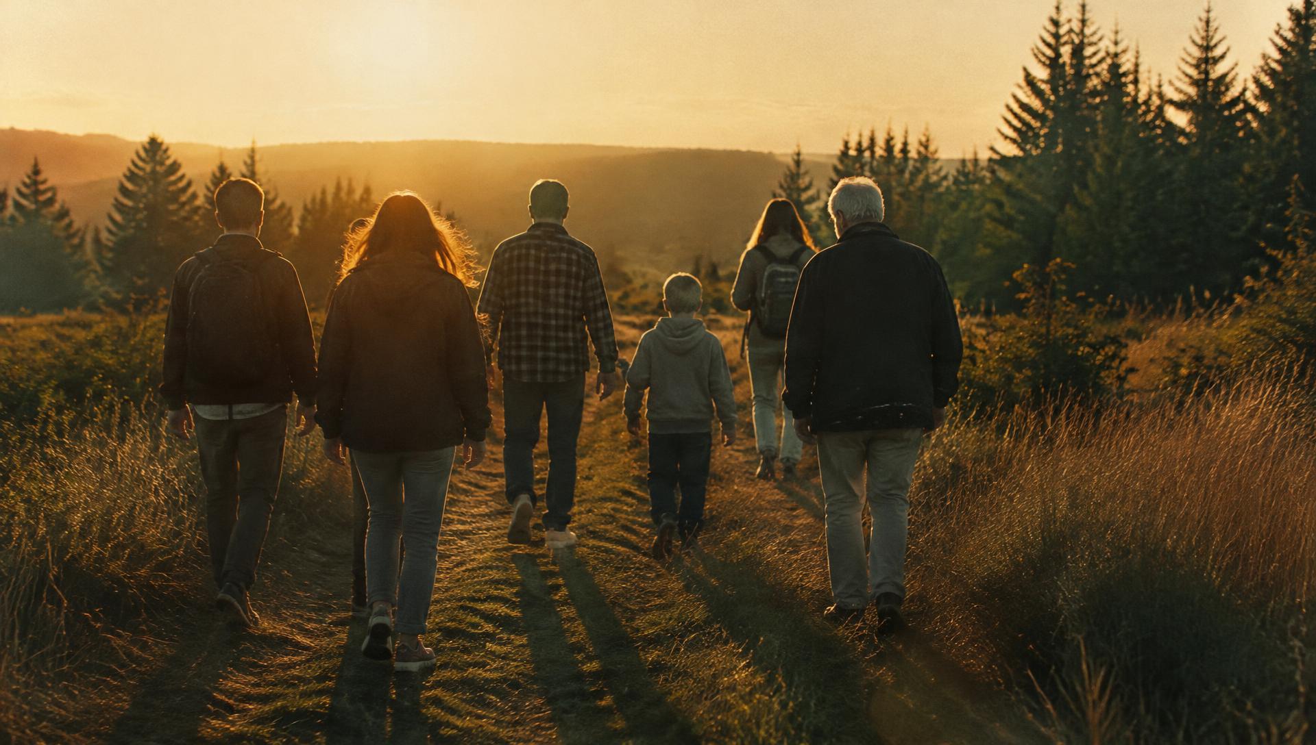 Friends and family walking a meadow path at sunset