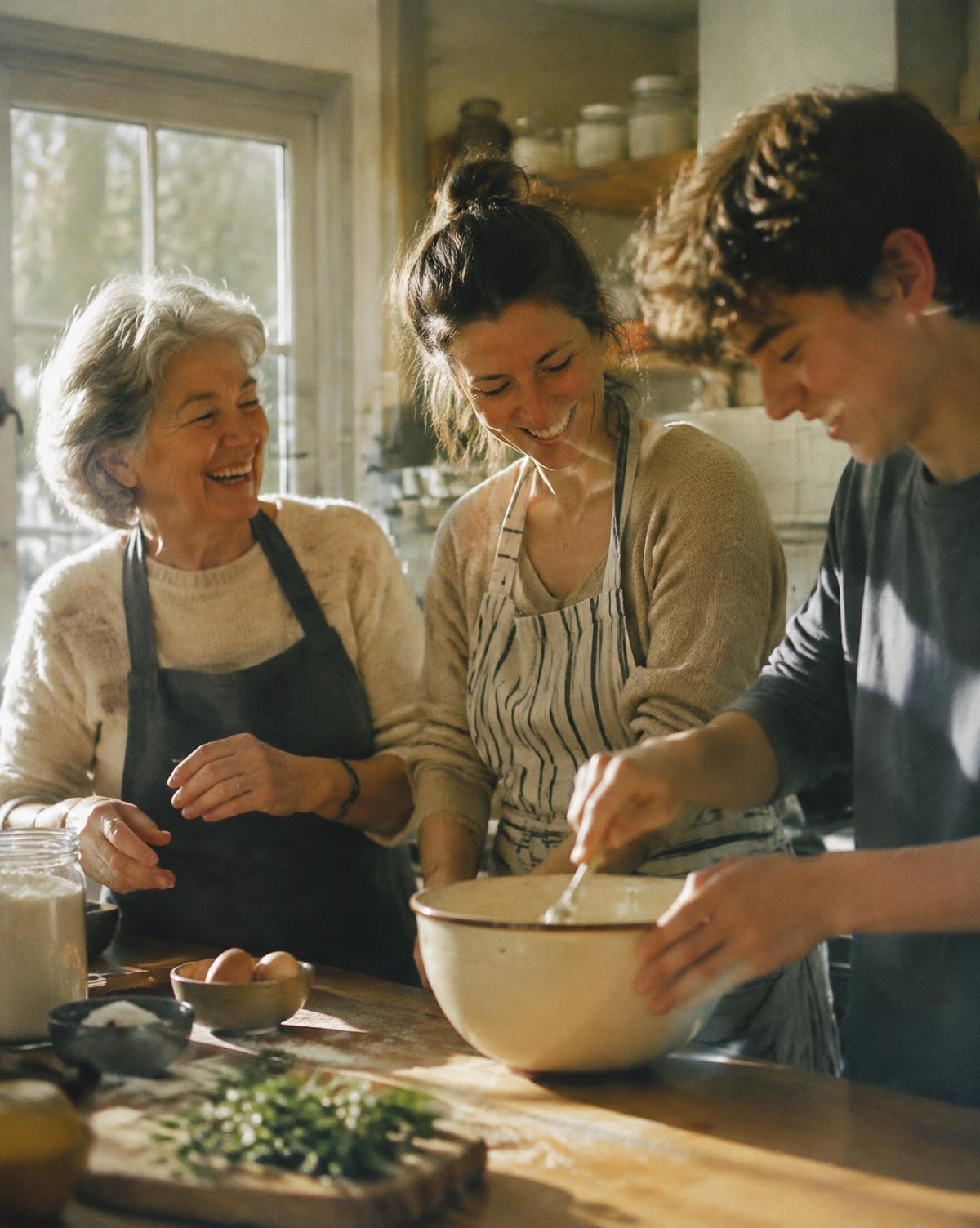 Three generations cooking together